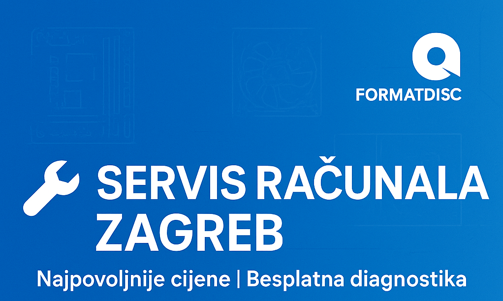 FormatDisc - profesionalni servis racunala u Zagrebu. Plavi gradijentni dizajn s bijelim logom i tekstom. Prikazuje kljusan usluge: besplatna dijagnostika, Windows instalacija (20 €), antivirusna zavjera (20 €) i servis na lokac (8 €). Kontakt: 091 542 1014, www.formatdisc.hr